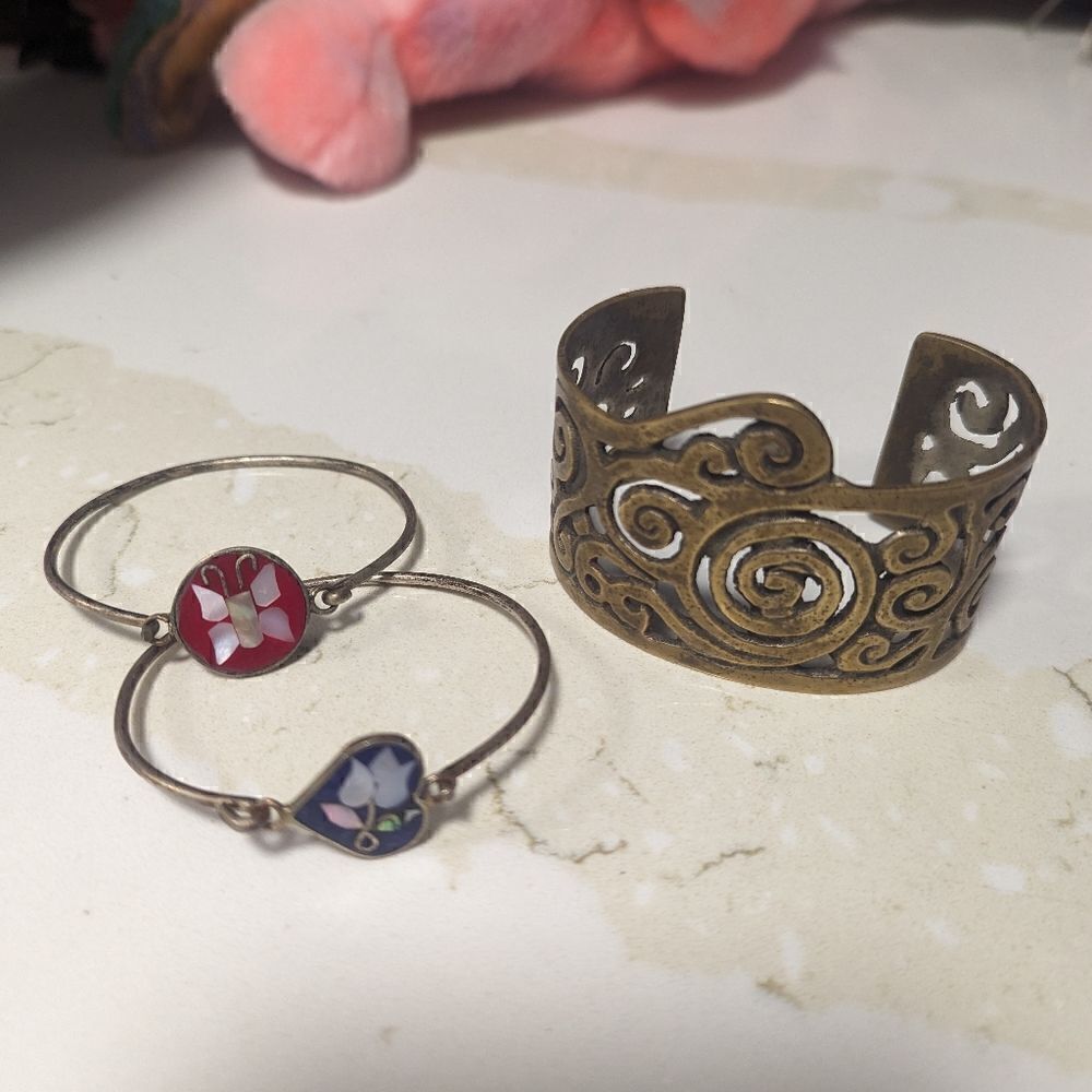 3 piece set handmade metal silver bracelets